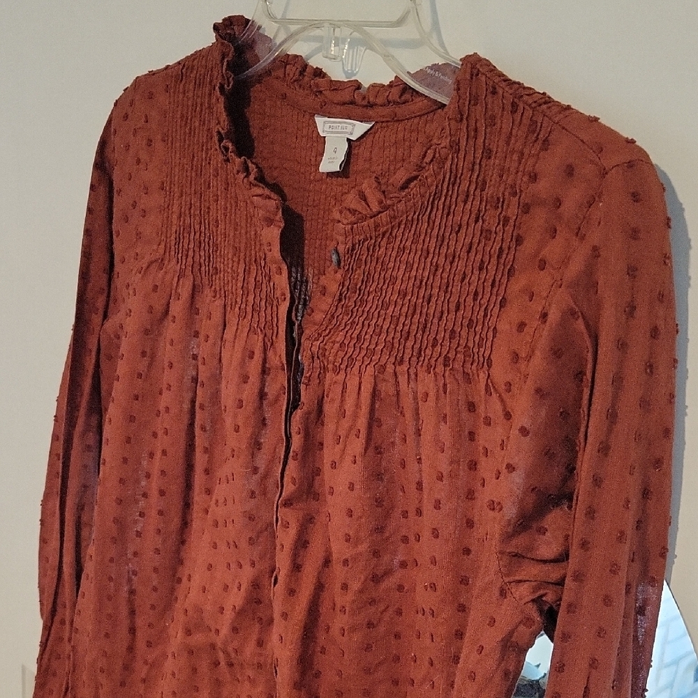 Womens Button-Front Rust Ruffle Trim Blouse - Picture 3 of 5